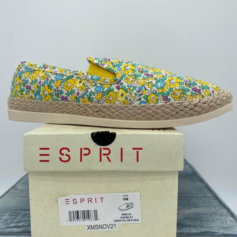 NEW Esprit Emilia Womens Espadrille Slip Ons Loafers Green Yellow Floral Sz 8.5M